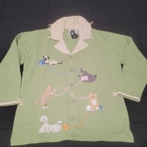 Storybook Knits Mint Green Pounce Mixed Cats Button Front XL Cardigan